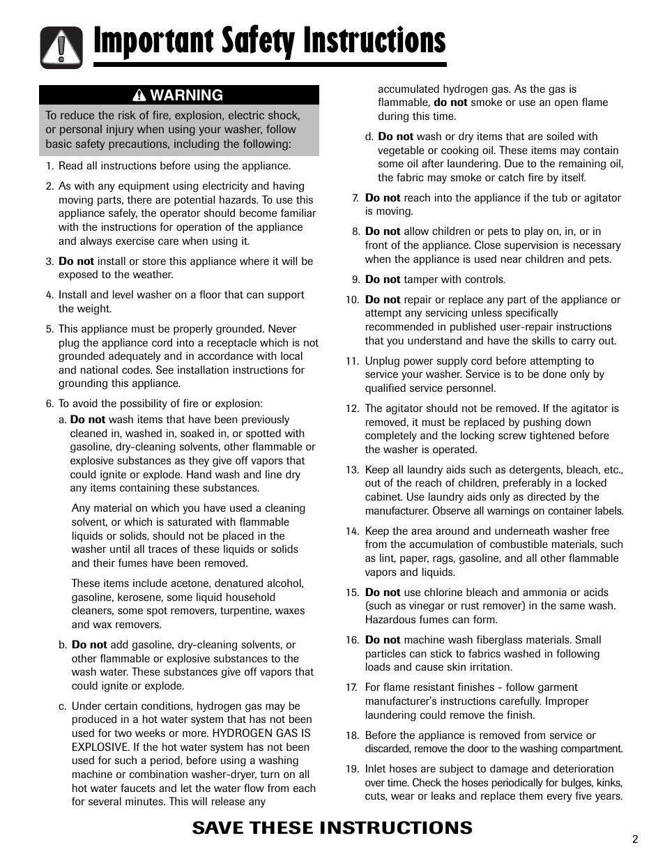 Important safety instructions, Save these instructions, Warning | Maytag MAV5920AGW User Manual | Page 3 / 16