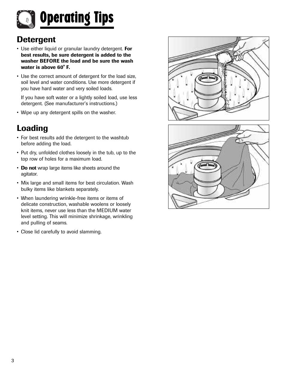 Operating tips, Detergent, Loading | Maytag MAV5920AGW User Manual | Page 4 / 16