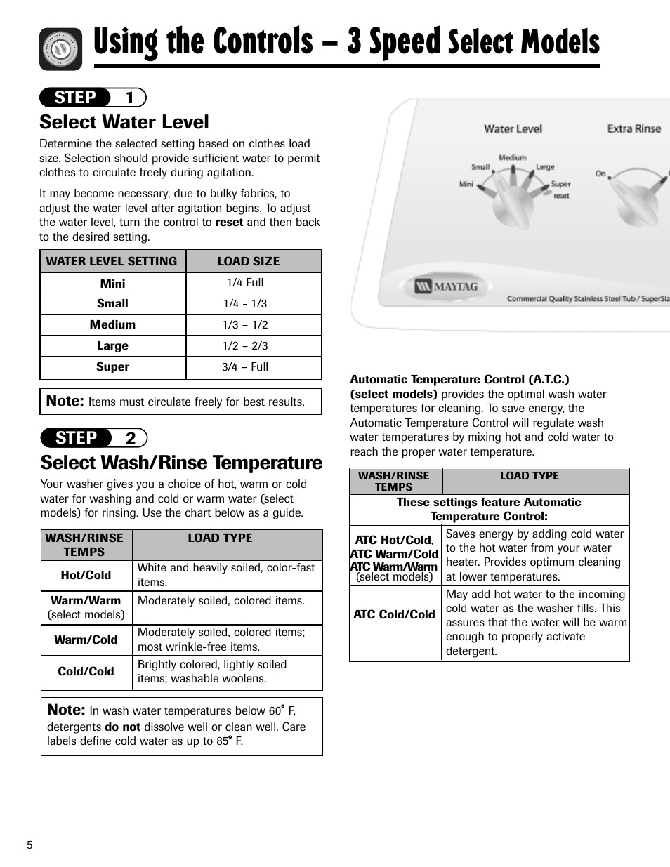 Using the controls – 3 speed, Select models, Select water level | Select wash/rinse temperature, Step 1 step 2 | Maytag MAV5920AGW User Manual | Page 6 / 16