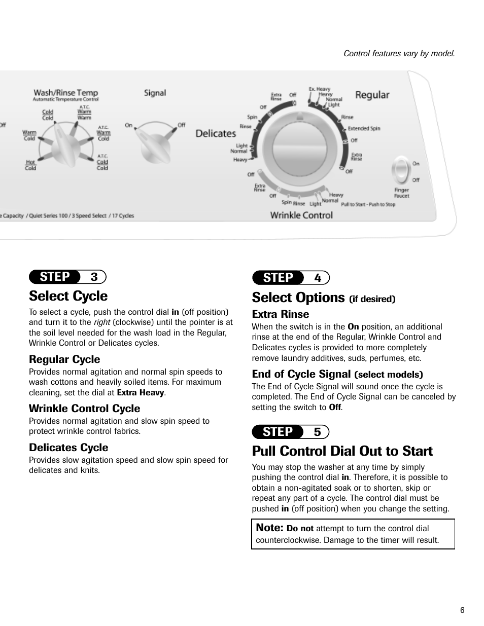 Select options, Pull control dial out to start, Select cycle | Maytag MAV5920AGW User Manual | Page 7 / 16