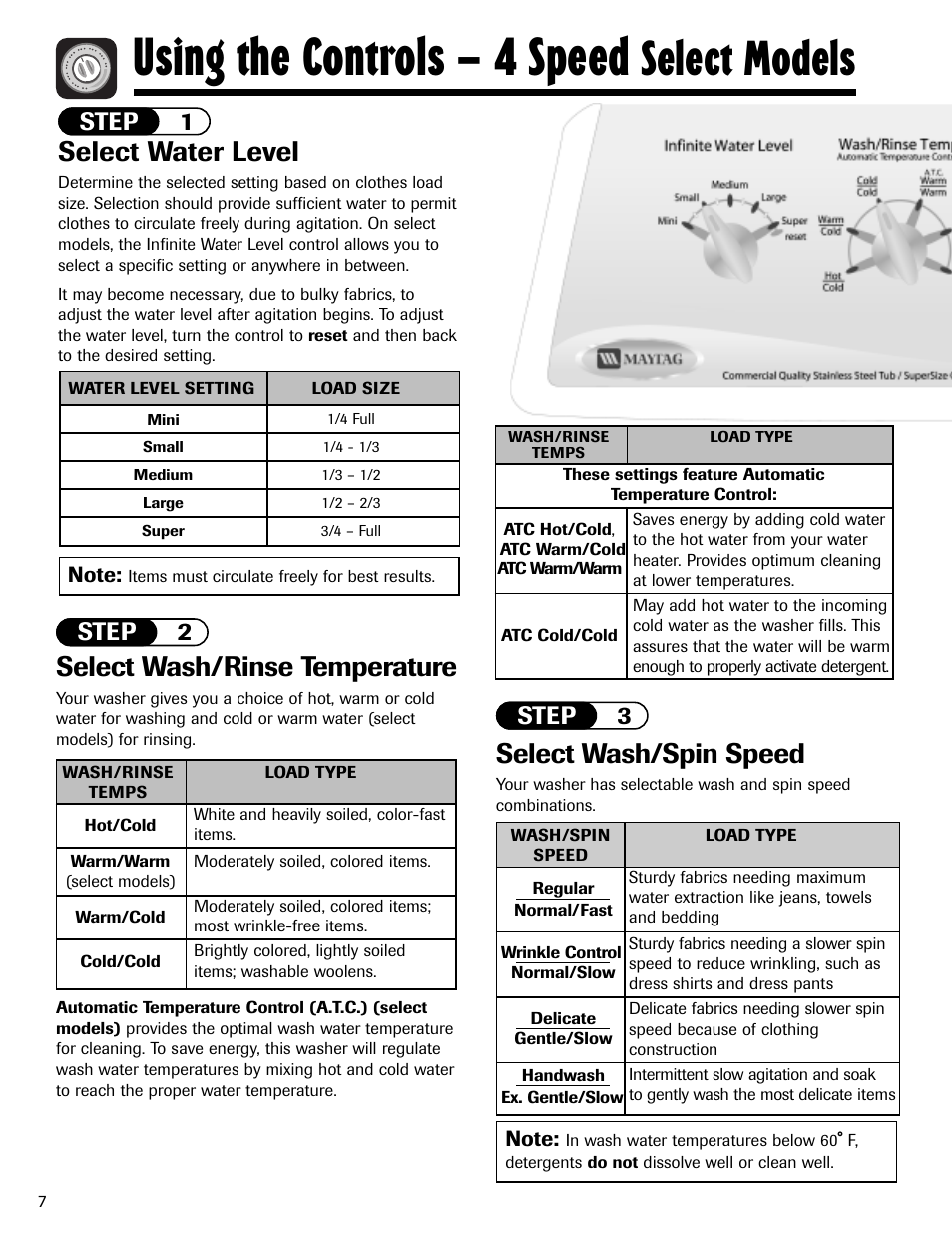 Using the controls – 4 speed, Select models, Select water level | Select wash/rinse temperature, Select wash/spin speed, Step 1, Step 2, Step 3 | Maytag MAV5920AGW User Manual | Page 8 / 16