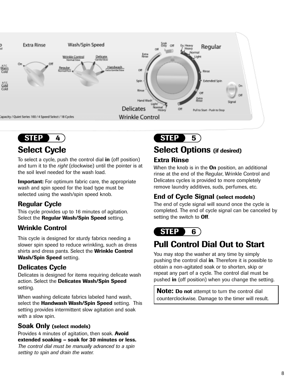 Select cycle, Pull control dial out to start, Select options | Step 4 step 6, Step 5 | Maytag MAV5920AGW User Manual | Page 9 / 16