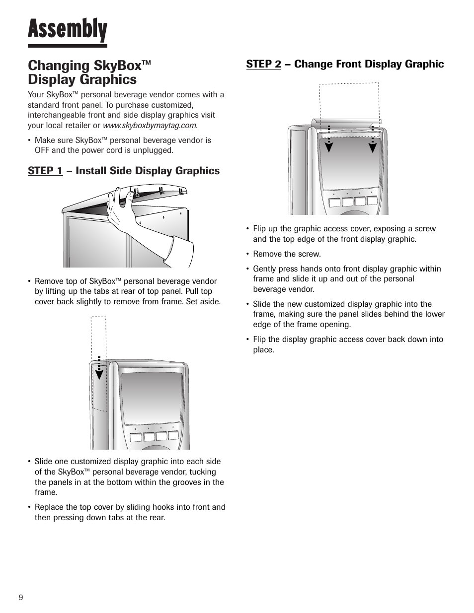 Assembly, Changing skybox™ display graphics | Maytag MBV1976AA User Manual | Page 10 / 48