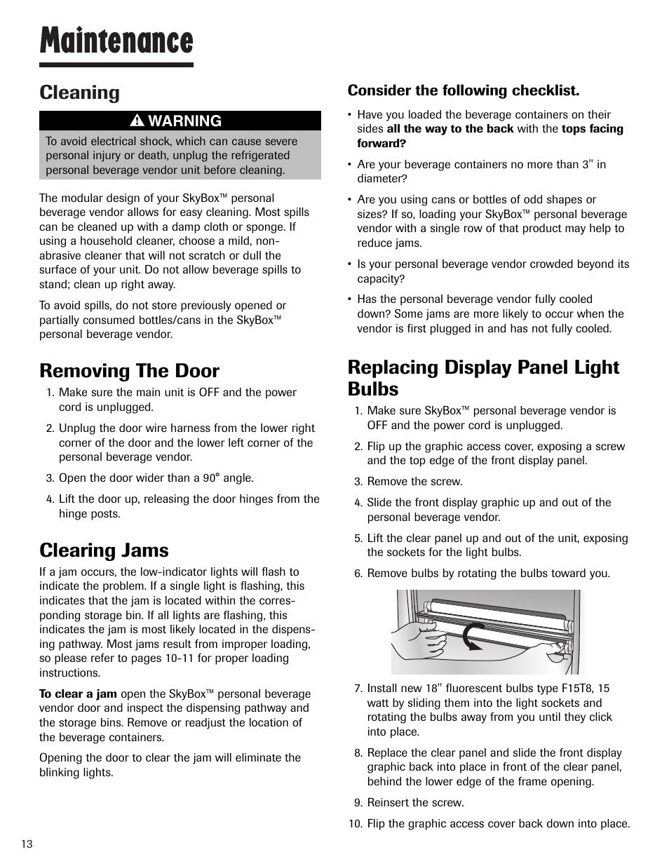 Maintenance, Cleaning, Removing the door | Clearing jams, Replacing display panel light bulbs | Maytag MBV1976AA User Manual | Page 14 / 48