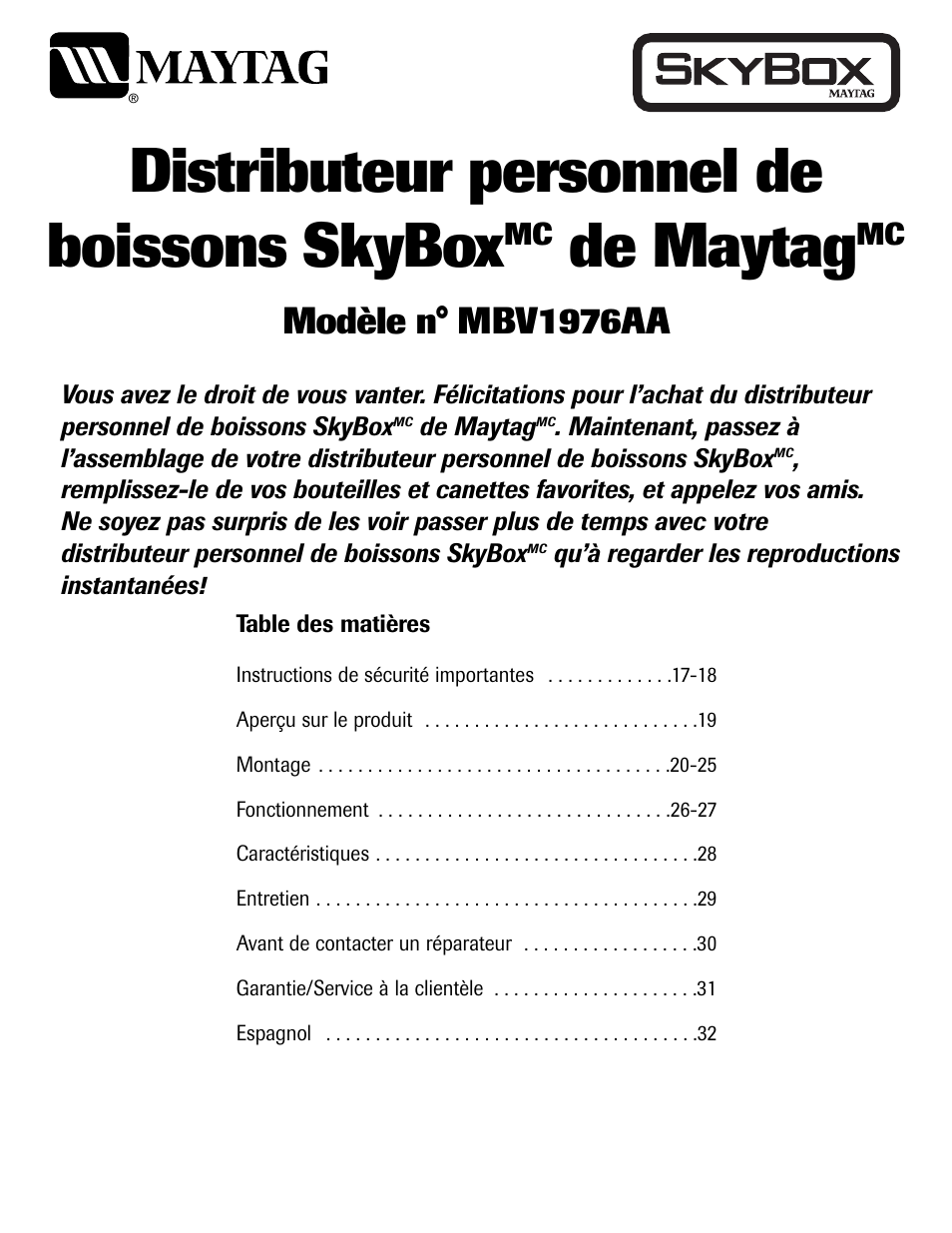 Distributeur personnel de boissons skybox, De maytag, Modèle n° mbv1976aa | Maytag MBV1976AA User Manual | Page 17 / 48