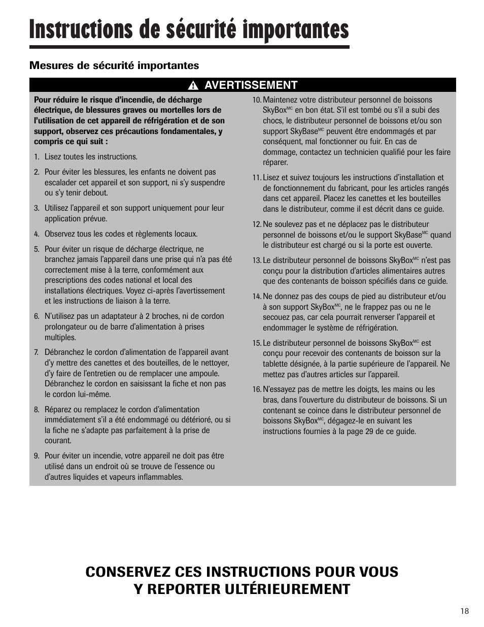 Instructions de sécurité importantes, Mesures de sécurité importantes, Avertissement | Maytag MBV1976AA User Manual | Page 19 / 48