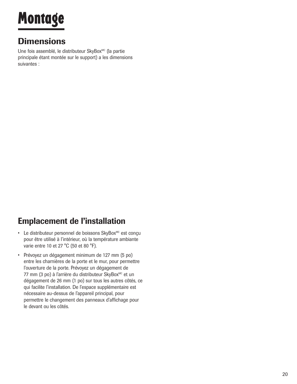 Montage, Dimensions, Emplacement de l’installation | Maytag MBV1976AA User Manual | Page 21 / 48