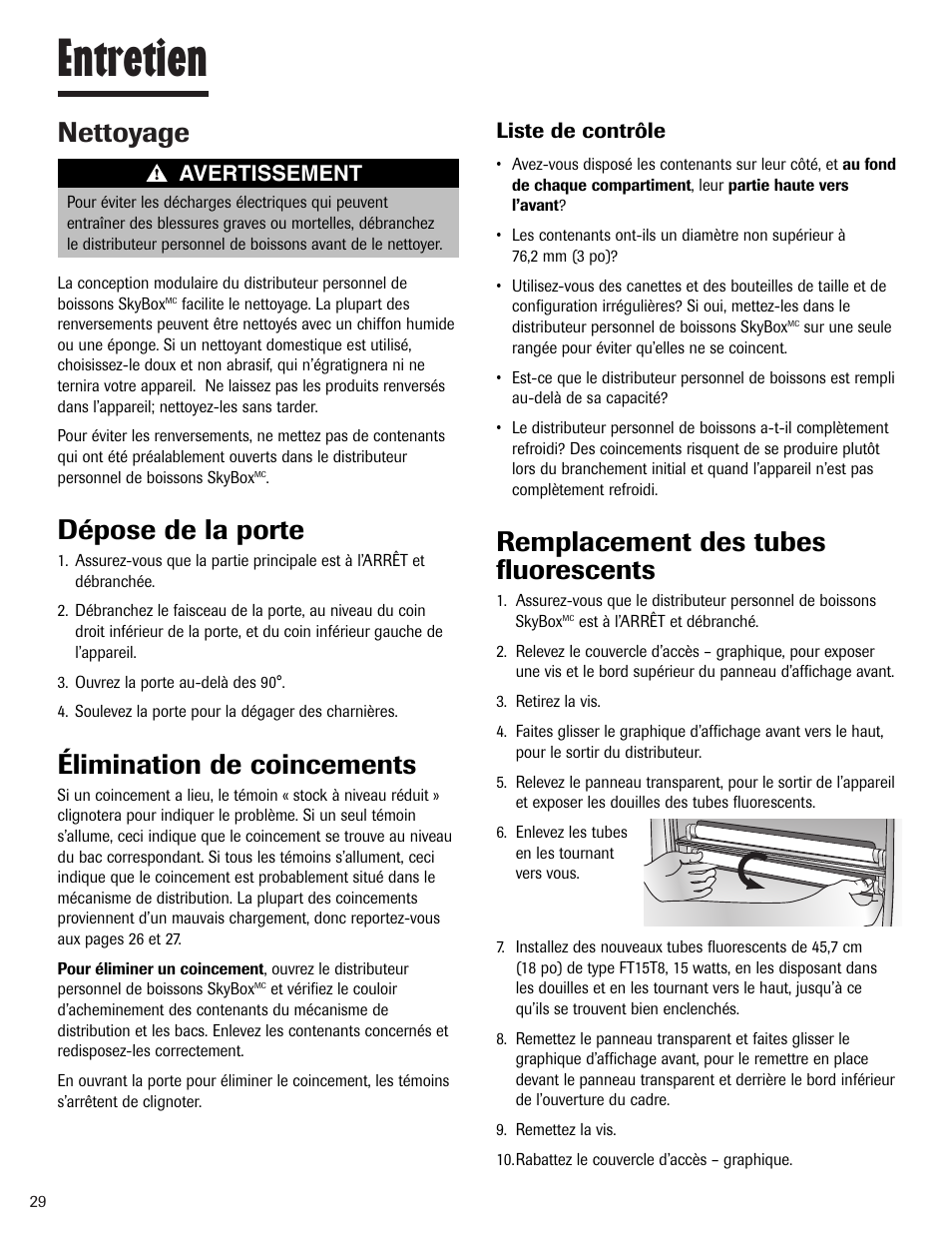 Entretien, Nettoyage, Dépose de la porte | Élimination de coincements, Remplacement des tubes fluorescents | Maytag MBV1976AA User Manual | Page 30 / 48