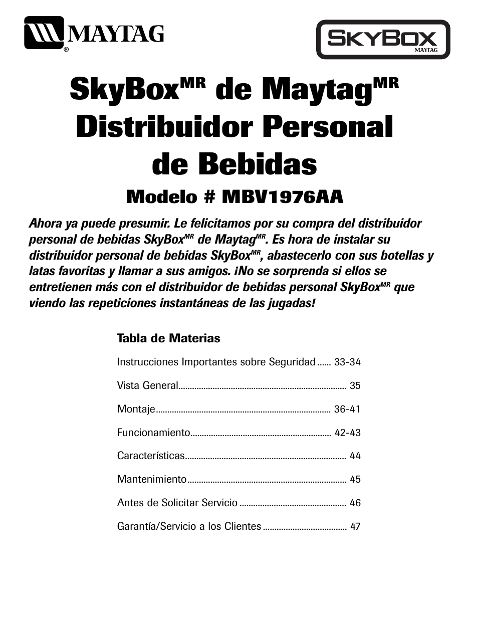 Skybox, De maytag, Distribuidor personal de bebidas | Modelo # mbv1976aa | Maytag MBV1976AA User Manual | Page 33 / 48