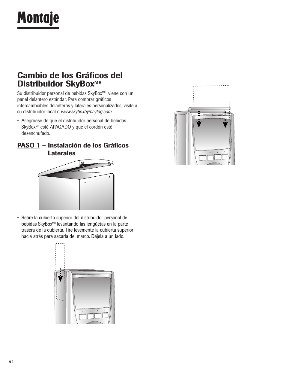 Montaje, Cambio de los gráficos del distribuidor skybox | Maytag MBV1976AA User Manual | Page 42 / 48