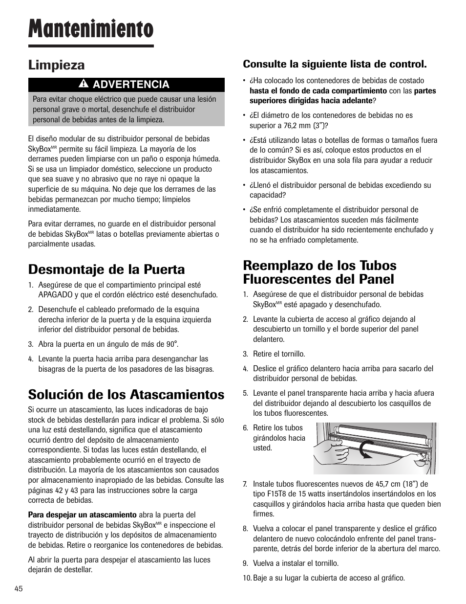 Mantenimiento, Limpieza, Desmontaje de la puerta | Solución de los atascamientos, Reemplazo de los tubos fluorescentes del panel | Maytag MBV1976AA User Manual | Page 46 / 48