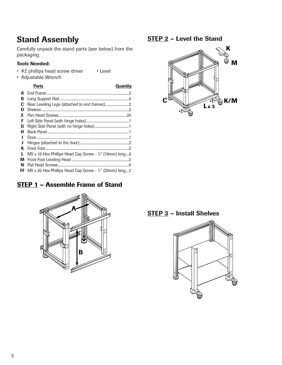 Stand assembly, Step 3 – install shelves step 2 – level the stand | Maytag MBV1976AA User Manual | Page 6 / 48