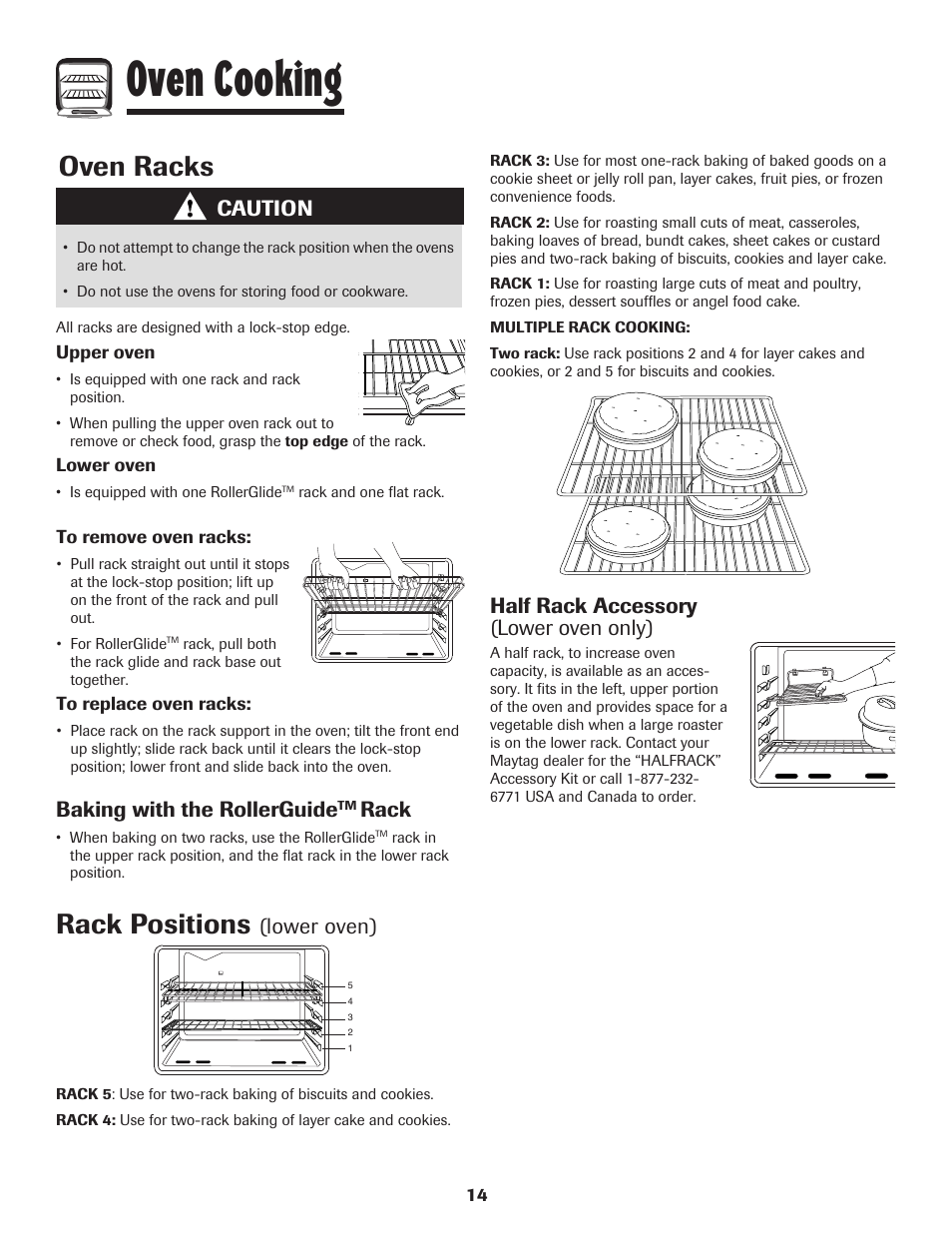 Oven cooking, Oven racks, Rack positions | Caution, Lower oven), Half rack accessory (lower oven only), Baking with the rollerguide, Rack | Maytag MGR6751BDW User Manual | Page 15 / 76