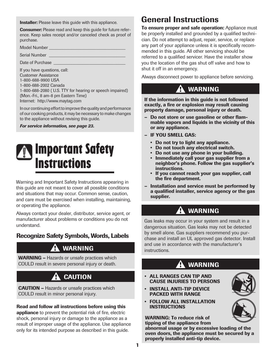 Important safety instructions, General instructions | Maytag MGR6751BDW User Manual | Page 2 / 76
