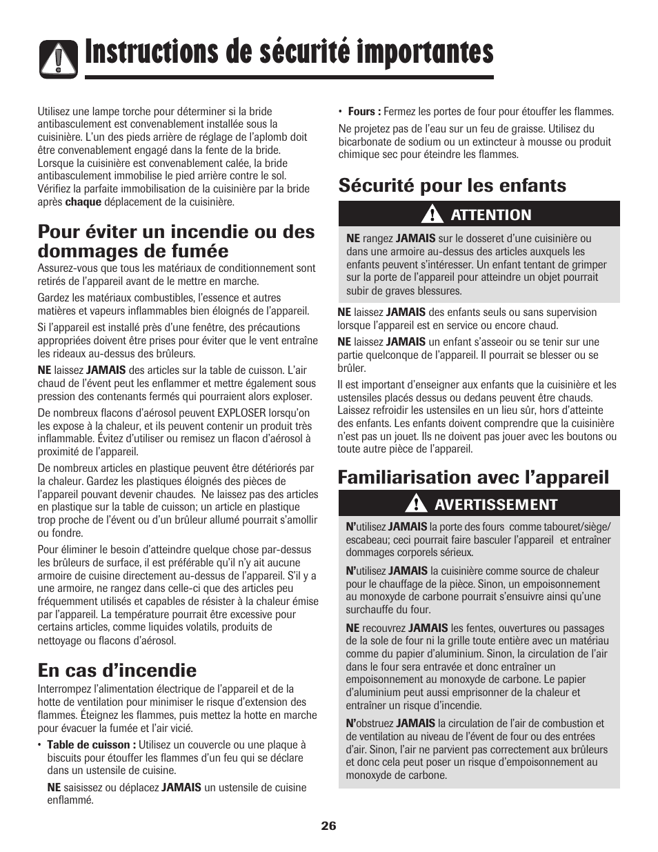 Instructions de sécurité importantes, Sécurité pour les enfants, Pour éviter un incendie ou des dommages de fumée | En cas d’incendie, Familiarisation avec l’appareil | Maytag MGR6751BDW User Manual | Page 27 / 76