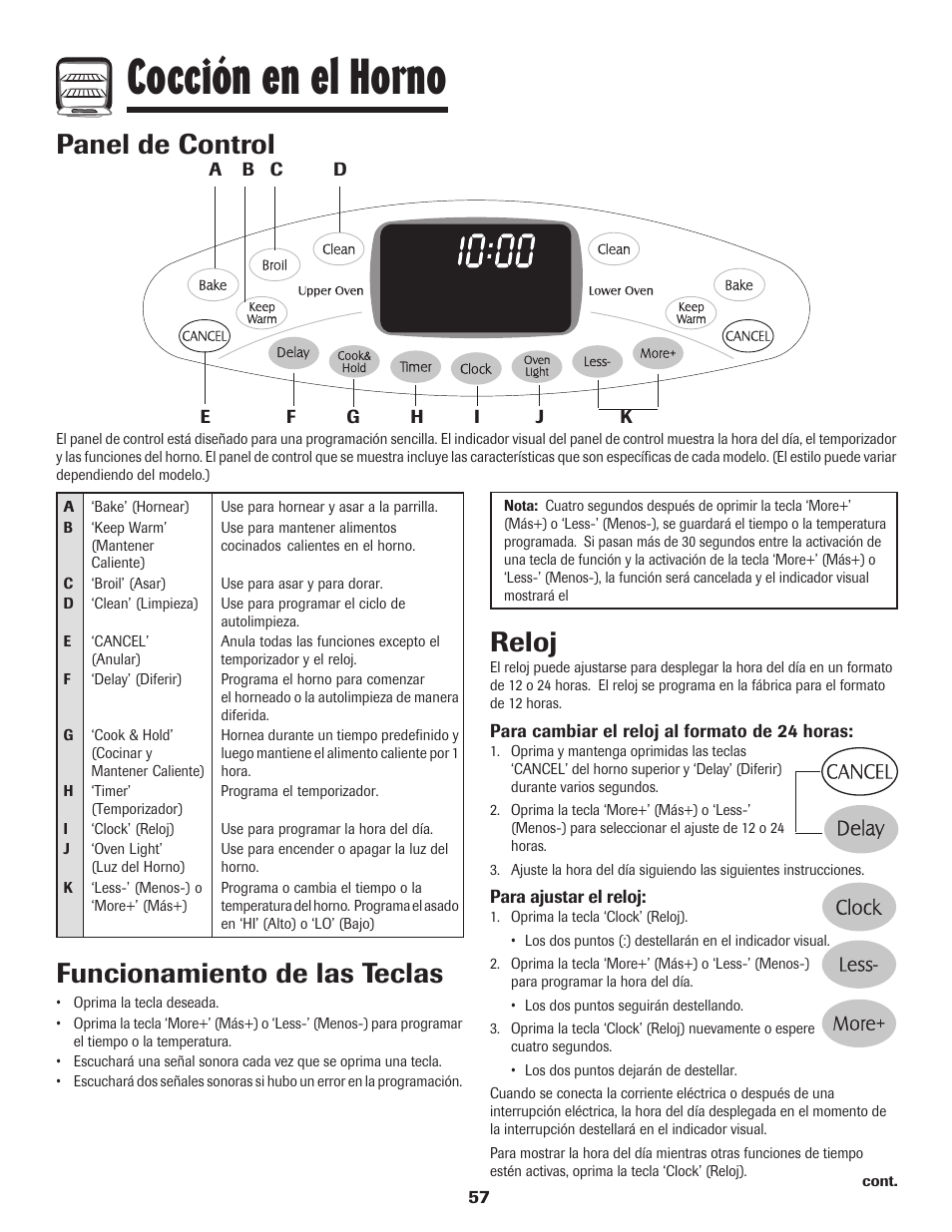 Cocción en el horno, Panel de control, Funcionamiento de las teclas | Reloj | Maytag MGR6751BDW User Manual | Page 58 / 76