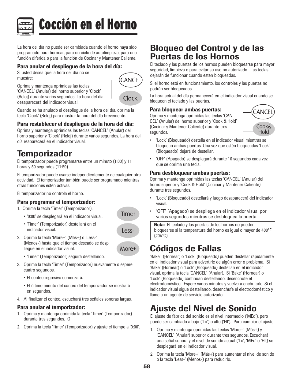 Cocción en el horno, Temporizador, Códigos de fallas | Bloqueo del control y de las puertas de los hornos, Ajuste del nivel de sonido | Maytag MGR6751BDW User Manual | Page 59 / 76