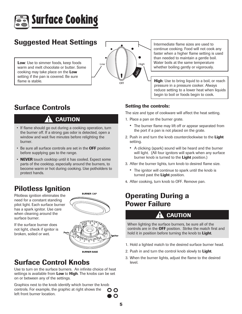 Surface cooking, Surface controls pilotless ignition, Suggested heat settings | Maytag MGR6751BDW User Manual | Page 6 / 76
