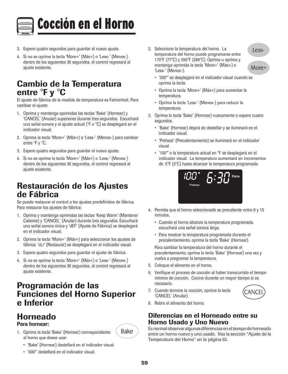 Cocción en el horno, Horneado, Cambio de la temperatura entre | Restauración de los ajustes de fábrica | Maytag MGR6751BDW User Manual | Page 60 / 76