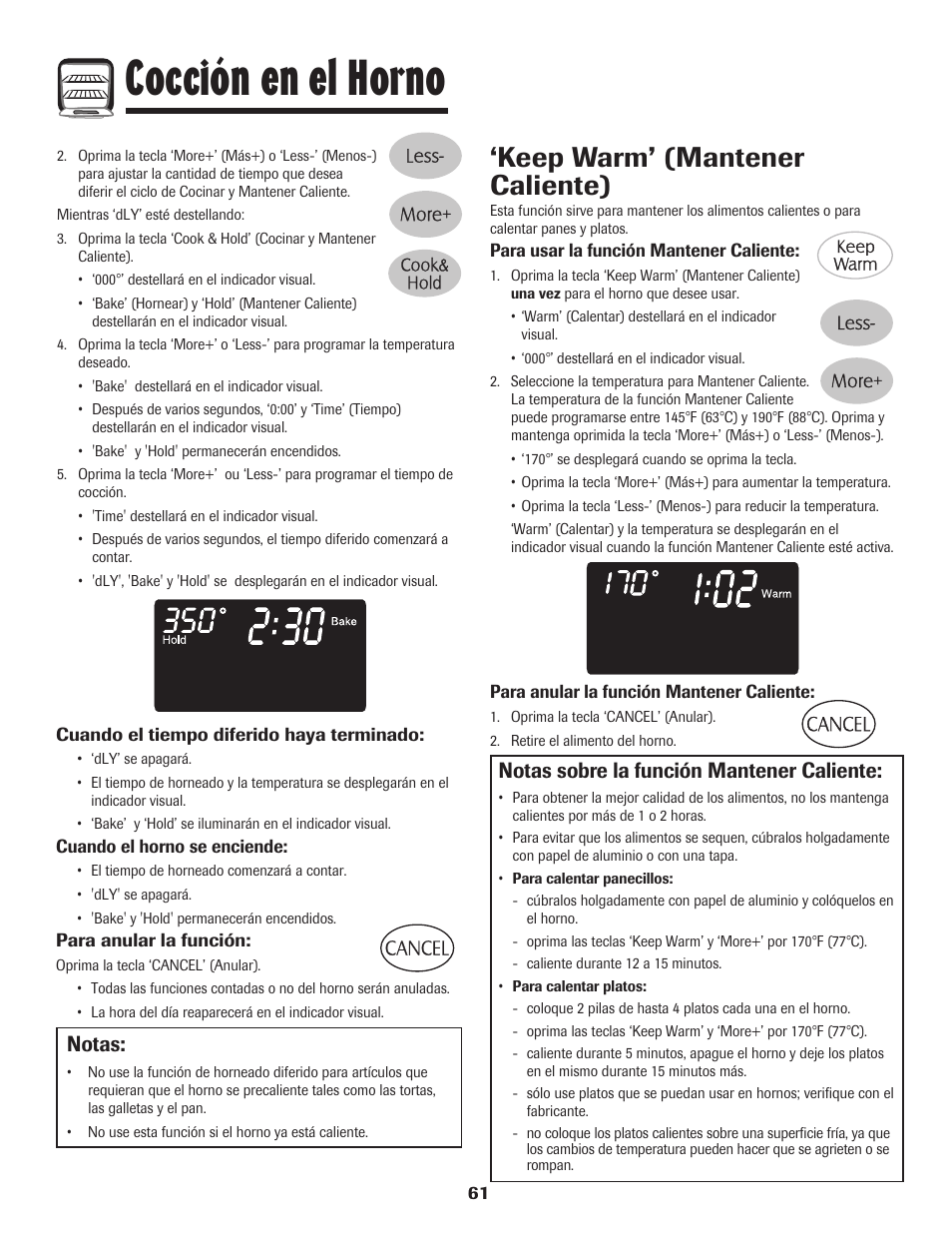 Cocción en el horno, Keep warm’ (mantener caliente), Notas sobre la función mantener caliente | Notas | Maytag MGR6751BDW User Manual | Page 62 / 76