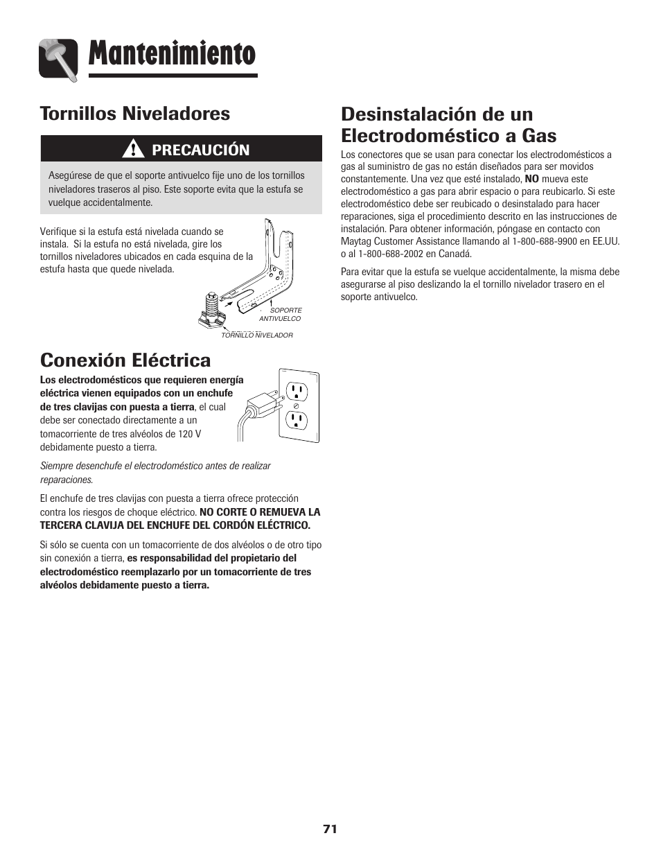 Mantenimiento, Desinstalación de un electrodoméstico a gas, Tornillos niveladores | Conexión eléctrica | Maytag MGR6751BDW User Manual | Page 72 / 76