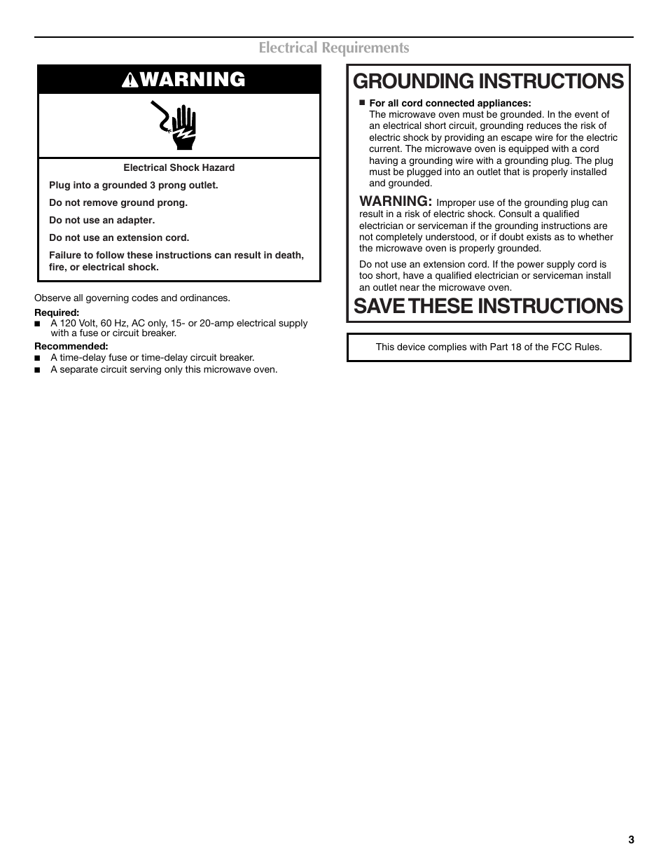 Grounding instructions save these instructions, Warning, Electrical requirements | Maytag W10336691A User Manual | Page 3 / 8