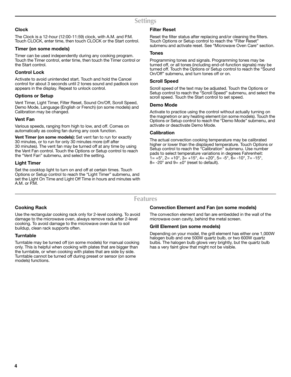 Settings, Features | Maytag W10336691A User Manual | Page 4 / 8