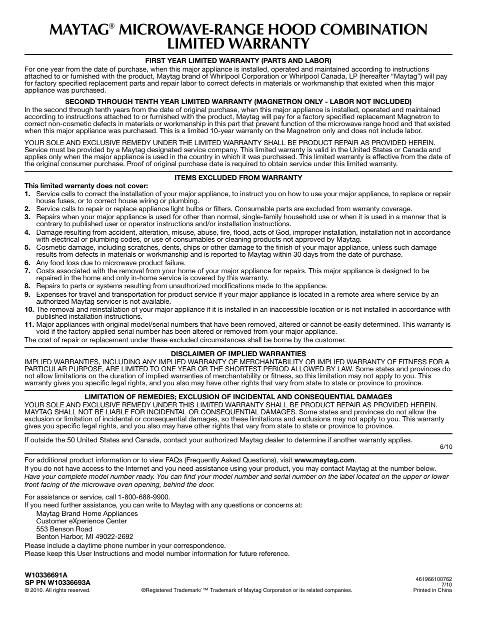 Maytag, Microwave-range hood combination limited warranty | Maytag W10336691A User Manual | Page 8 / 8