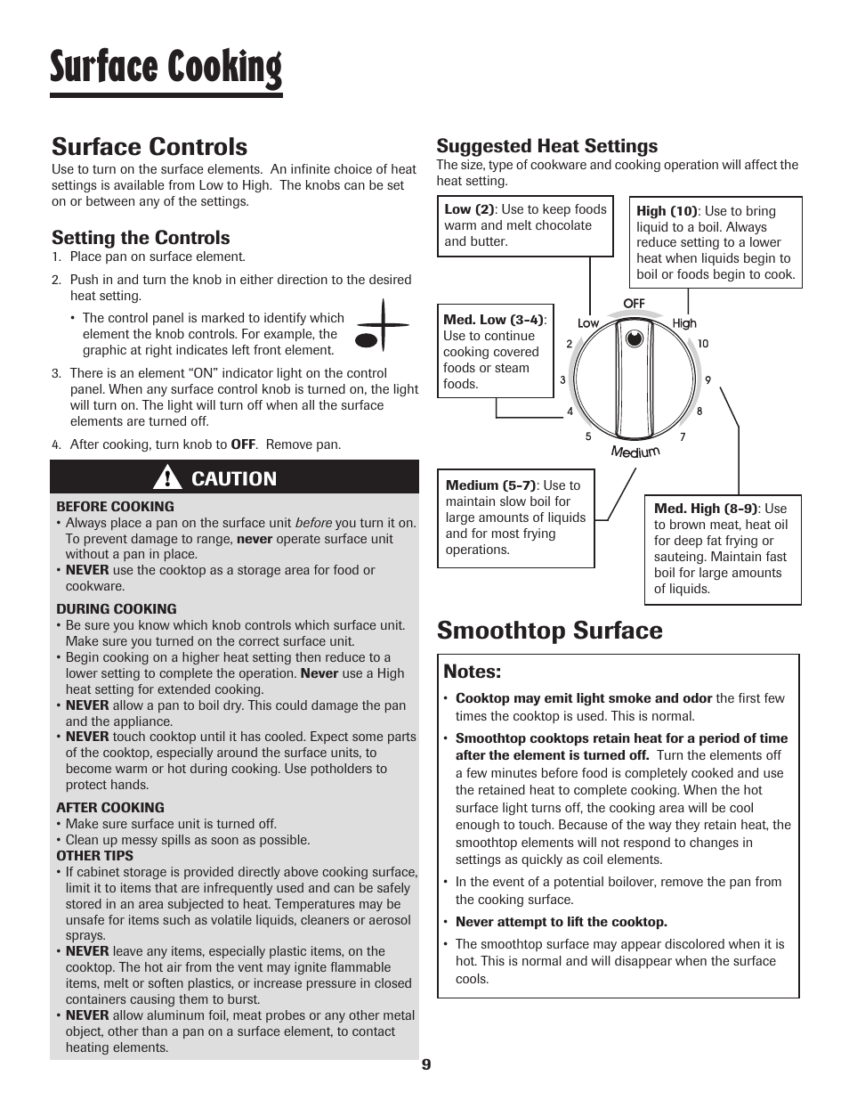 Surface cooking, Surface controls, Smoothtop surface | Setting the controls, Caution suggested heat settings | Maytag MAGIC CHEF CER3725AGW User Manual | Page 10 / 16