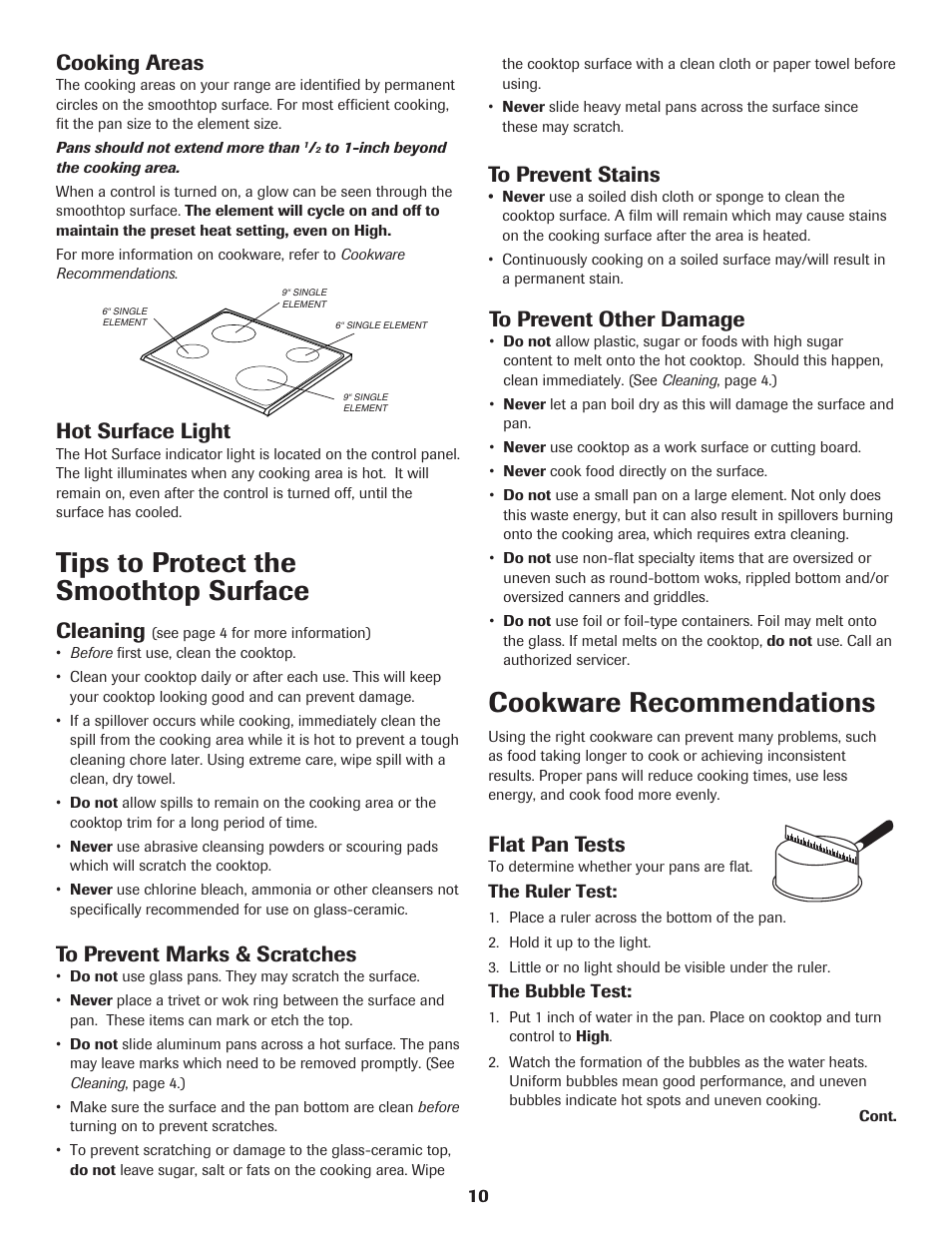 Tips to protect the smoothtop surface, Cookware recommendations, Cooking areas | Hot surface light, Cleaning, Flat pan tests | Maytag MAGIC CHEF CER3725AGW User Manual | Page 11 / 16