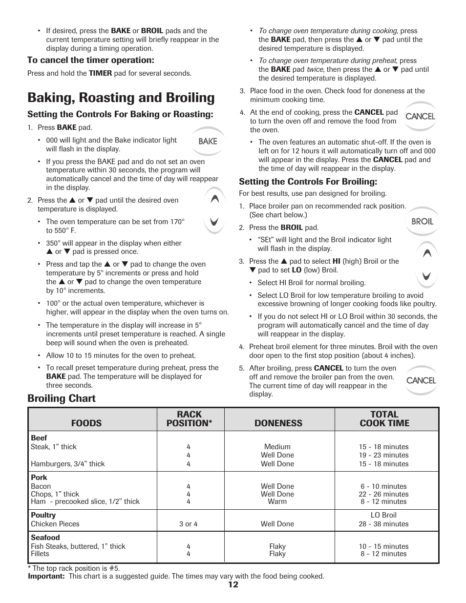Baking, roasting and broiling, Broiling chart | Maytag MAGIC CHEF CER3725AGW User Manual | Page 13 / 16