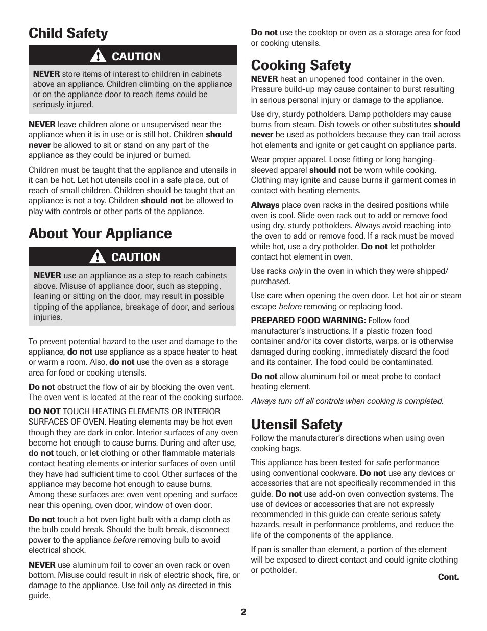 About your appliance, Cooking safety, Child safety utensil safety | Maytag MAGIC CHEF CER3725AGW User Manual | Page 3 / 16