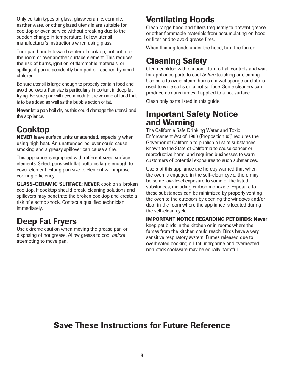 Ventilating hoods, Cleaning safety, Important safety notice and warning | Cooktop, Deep fat fryers, Save these instructions for future reference | Maytag MAGIC CHEF CER3725AGW User Manual | Page 4 / 16