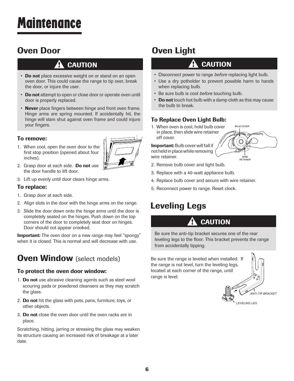 Maintenance, Oven door, Oven window | Oven light, Leveling legs, Caution, Select models) | Maytag MAGIC CHEF CER3725AGW User Manual | Page 7 / 16