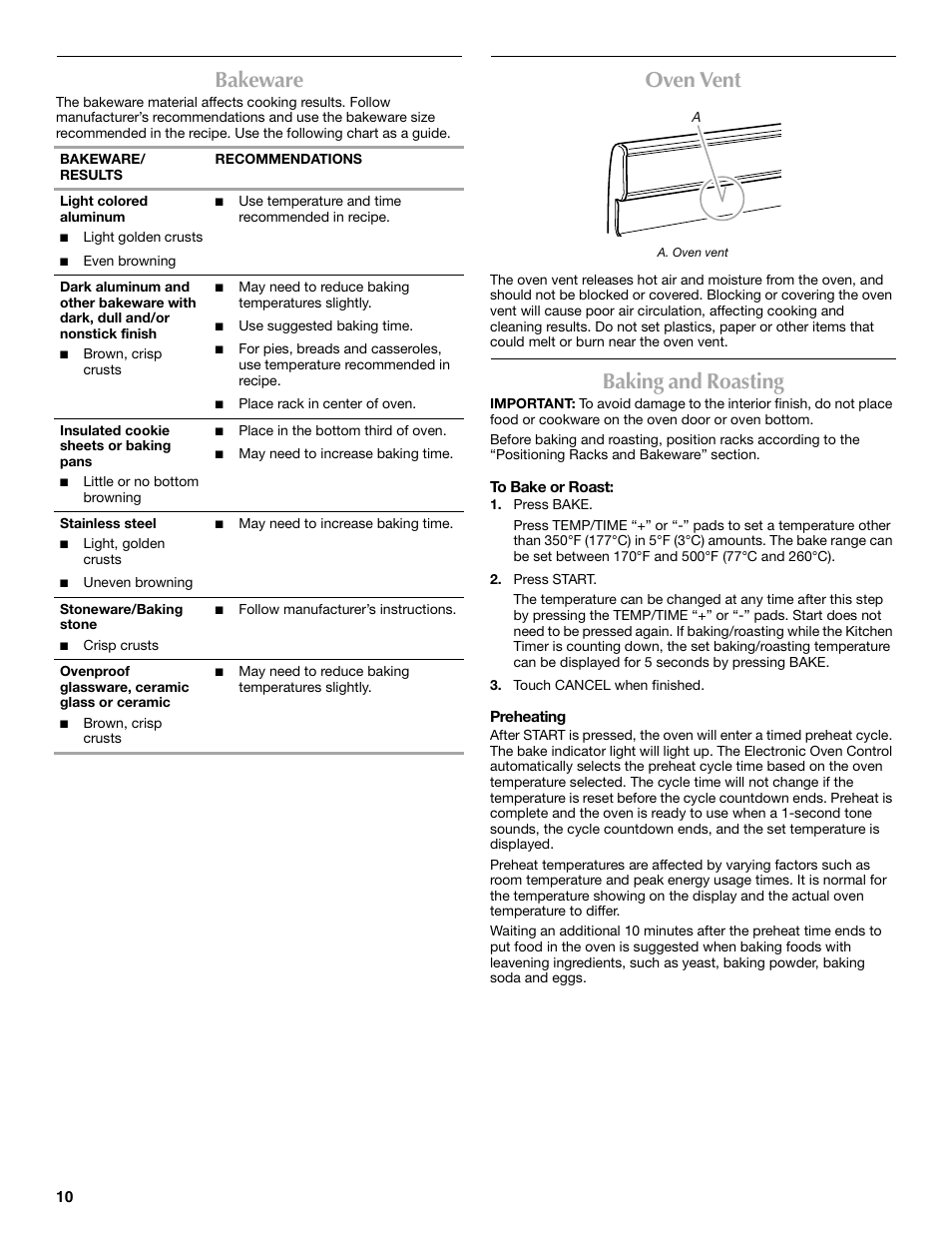 Bakeware, Oven vent, Baking and roasting | Maytag W10304917A User Manual | Page 10 / 32