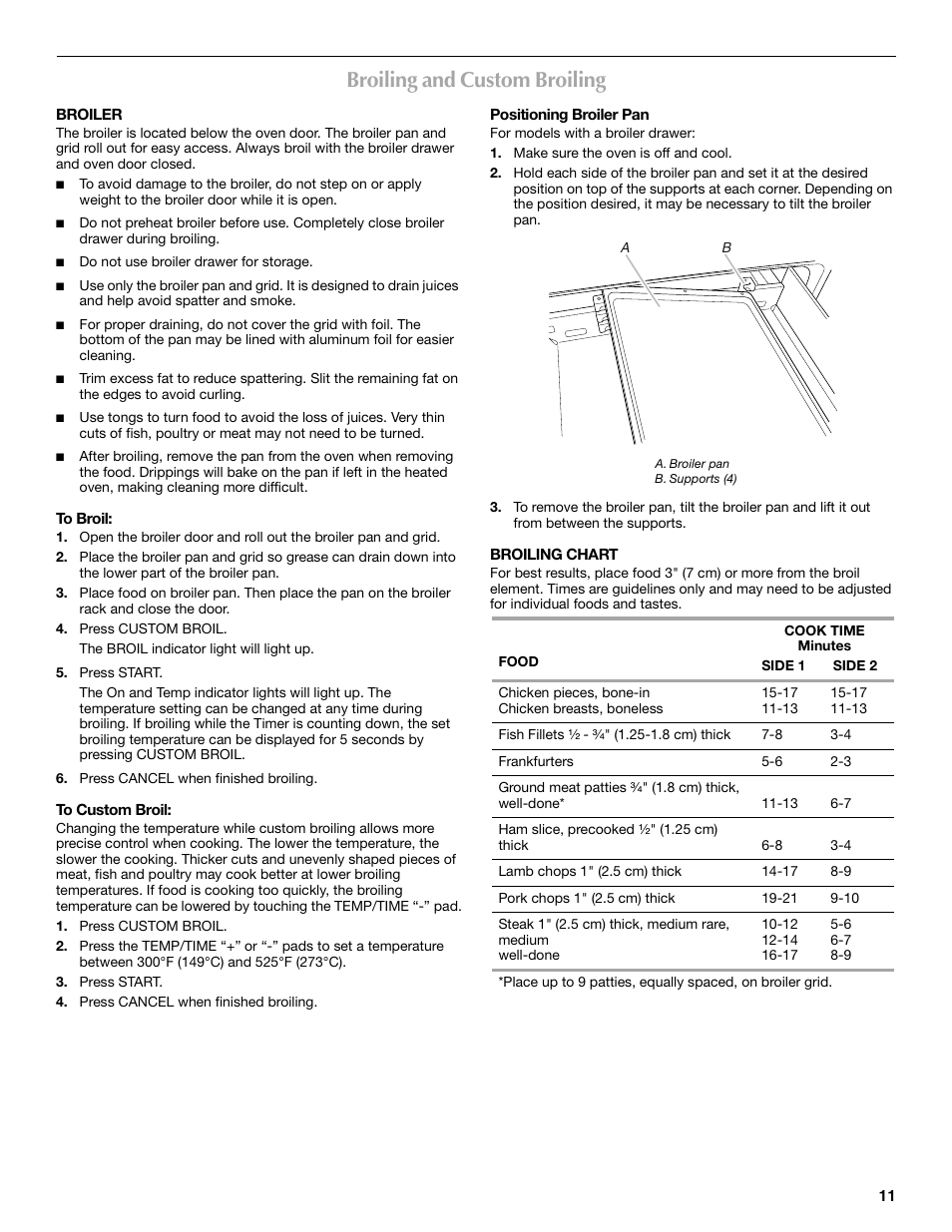 Broiling and custom broiling | Maytag W10304917A User Manual | Page 11 / 32