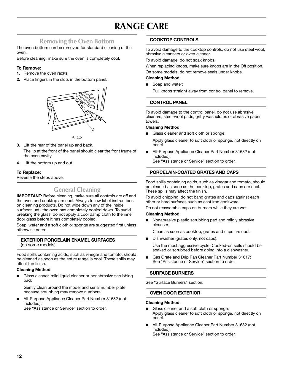 Range care, Removing the oven bottom, General cleaning | Maytag W10304917A User Manual | Page 12 / 32