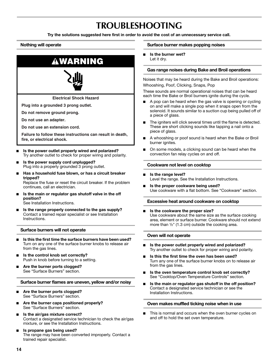 Troubleshooting, Warning | Maytag W10304917A User Manual | Page 14 / 32