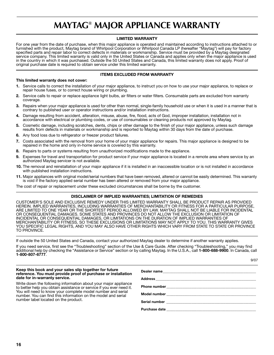 Maytag, Major appliance warranty | Maytag W10304917A User Manual | Page 16 / 32