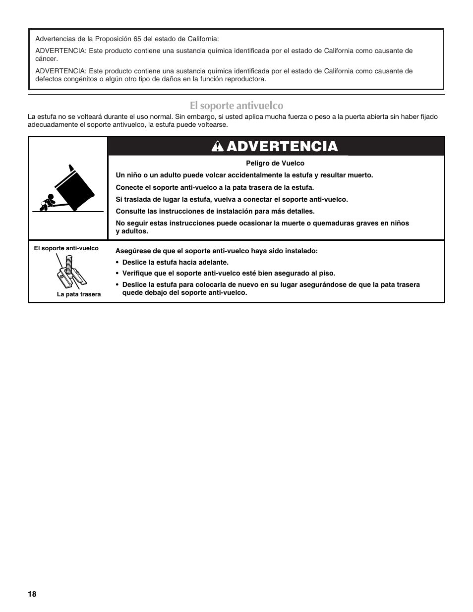 Advertencia, El soporte antivuelco | Maytag W10304917A User Manual | Page 18 / 32