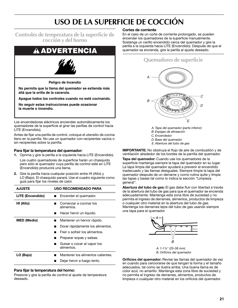 Uso de la superficie de cocción, Advertencia, Quemadores de superficie | Maytag W10304917A User Manual | Page 21 / 32