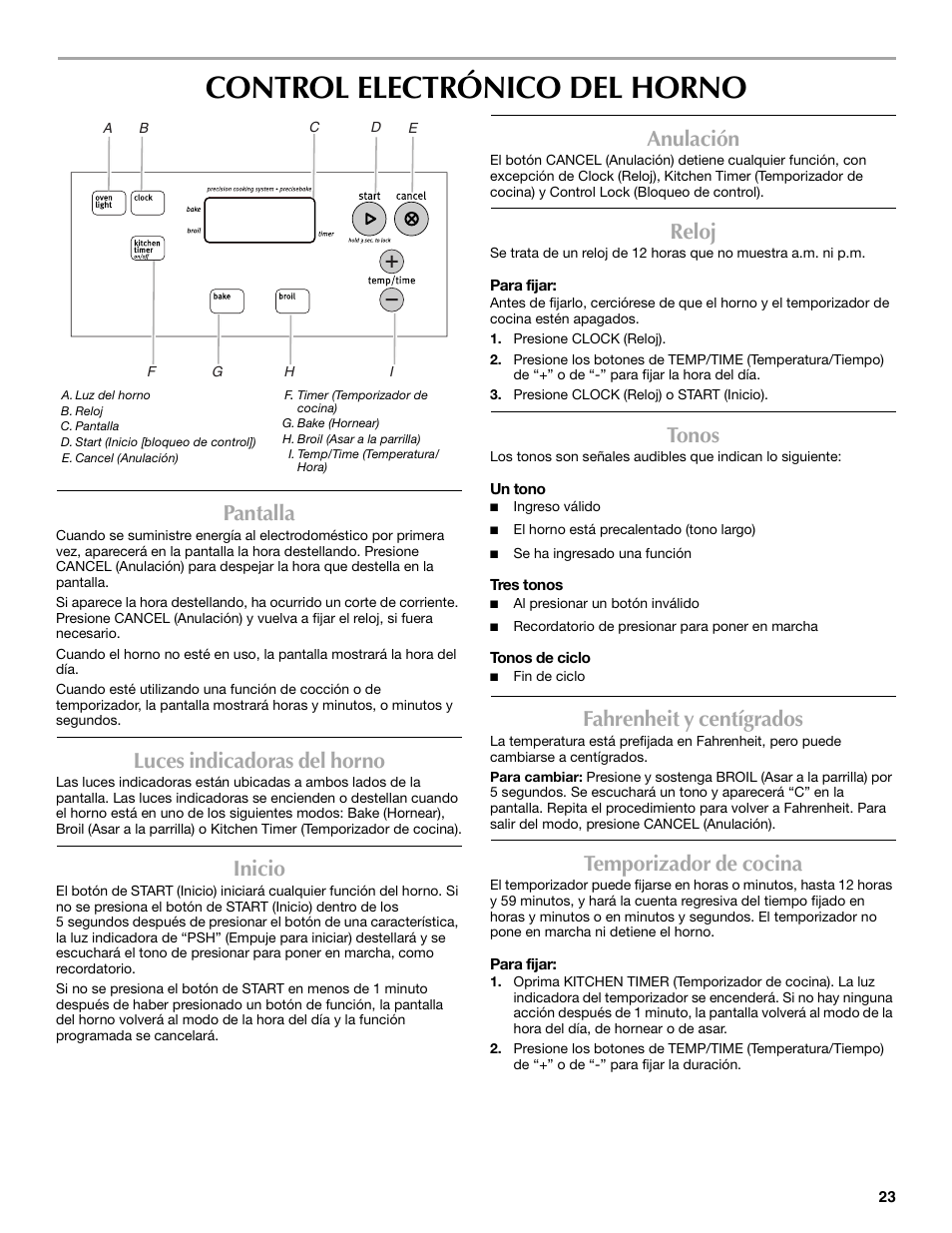 Control electrónico del horno, Pantalla, Luces indicadoras del horno | Inicio, Anulación, Reloj, Tonos, Fahrenheit y centígrados, Temporizador de cocina | Maytag W10304917A User Manual | Page 23 / 32