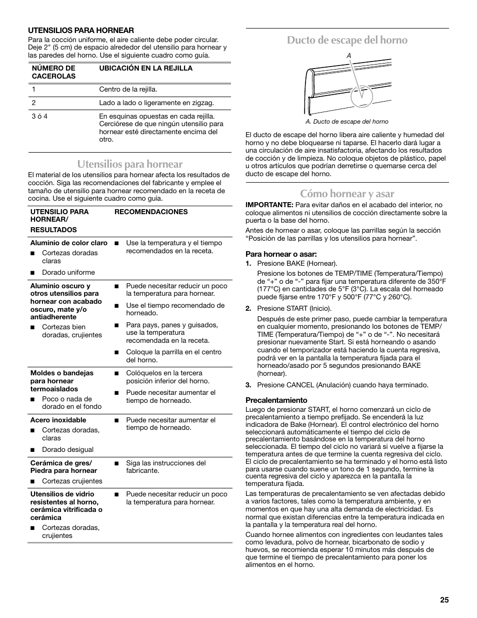 Utensilios para hornear, Ducto de escape del horno, Cómo hornear y asar | Maytag W10304917A User Manual | Page 25 / 32