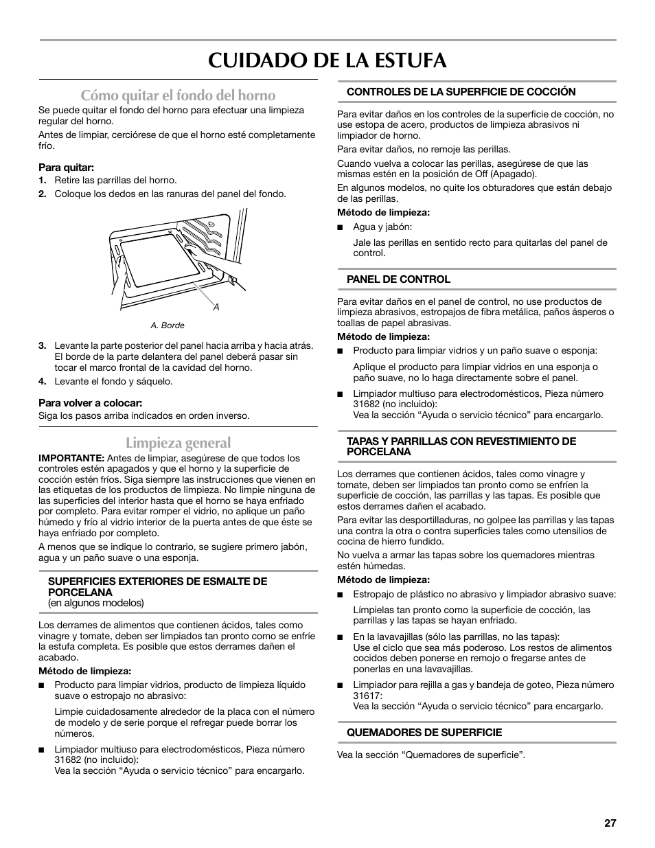 Cuidado de la estufa, Cómo quitar el fondo del horno, Limpieza general | Maytag W10304917A User Manual | Page 27 / 32