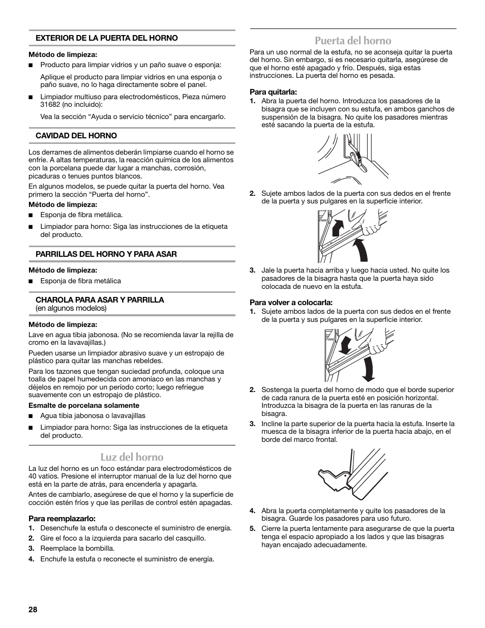 Luz del horno, Puerta del horno | Maytag W10304917A User Manual | Page 28 / 32