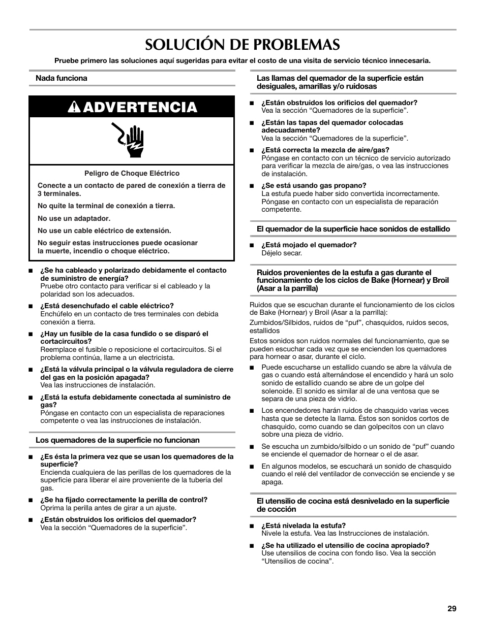 Solución de problemas, Advertencia | Maytag W10304917A User Manual | Page 29 / 32