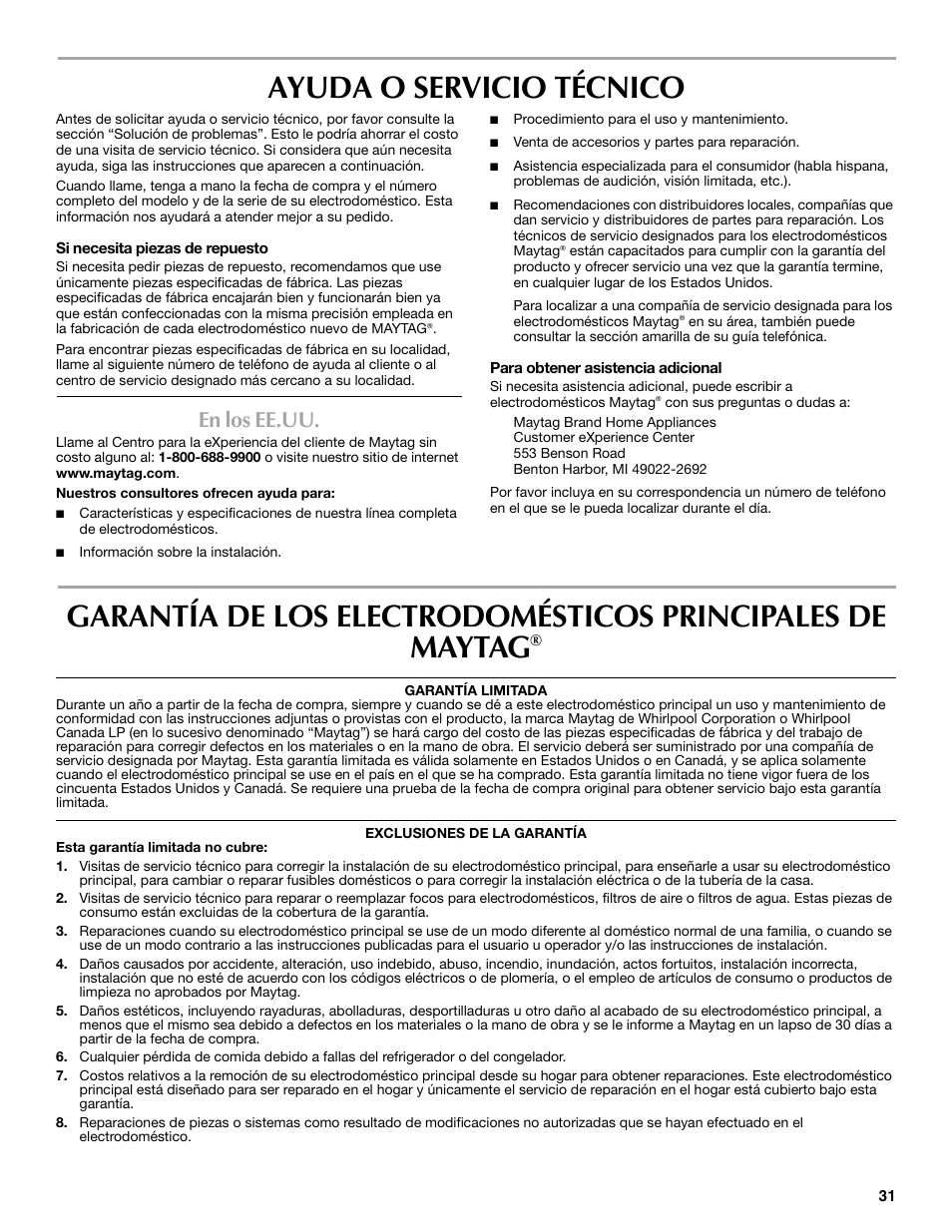 Ayuda o servicio técnico, En los ee.uu | Maytag W10304917A User Manual | Page 31 / 32