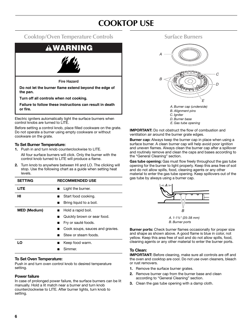 Cooktop use, Warning, Cooktop/oven temperature controls | Surface burners | Maytag W10304917A User Manual | Page 6 / 32