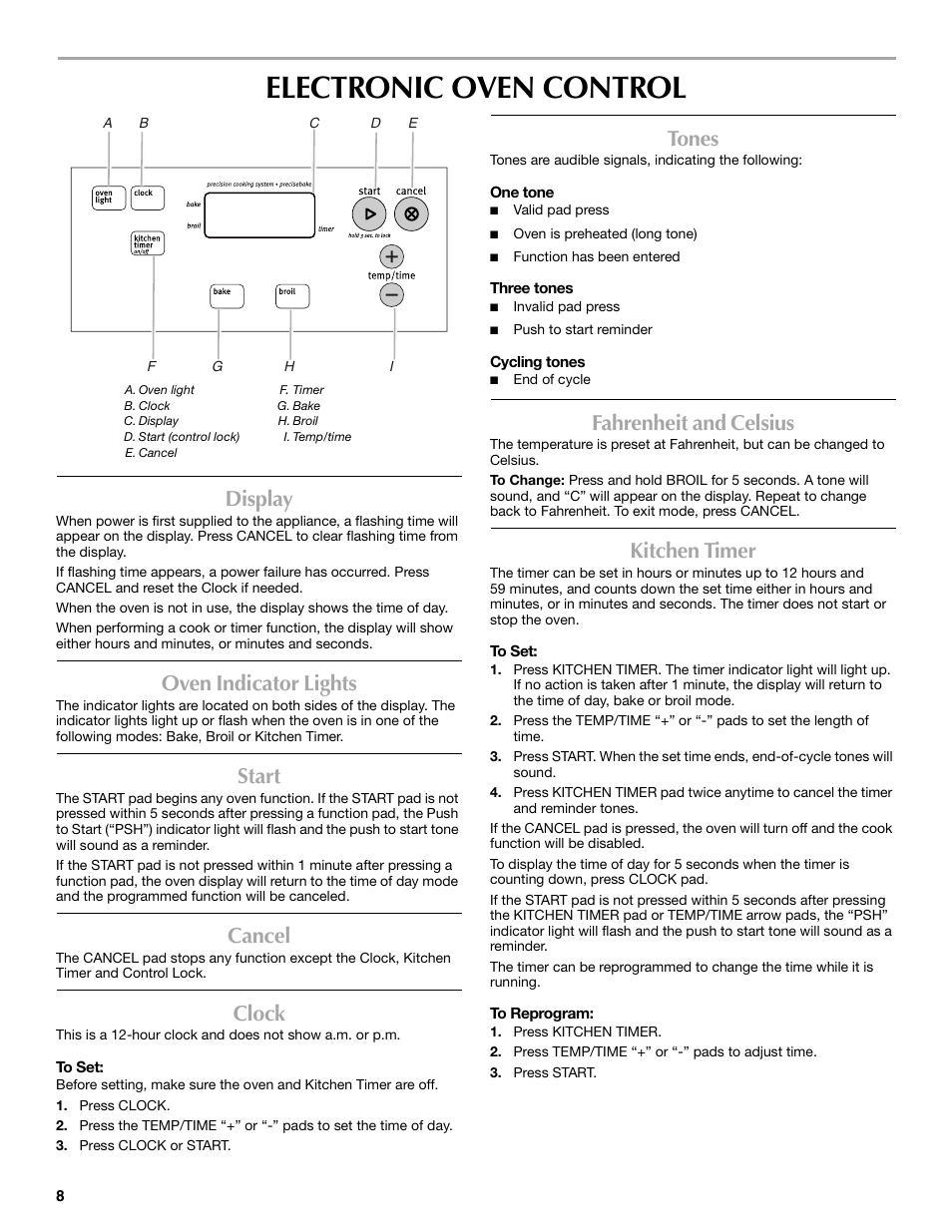 Electronic oven control, Display, Oven indicator lights | Start, Cancel, Clock, Tones, Fahrenheit and celsius, Kitchen timer | Maytag W10304917A User Manual | Page 8 / 32