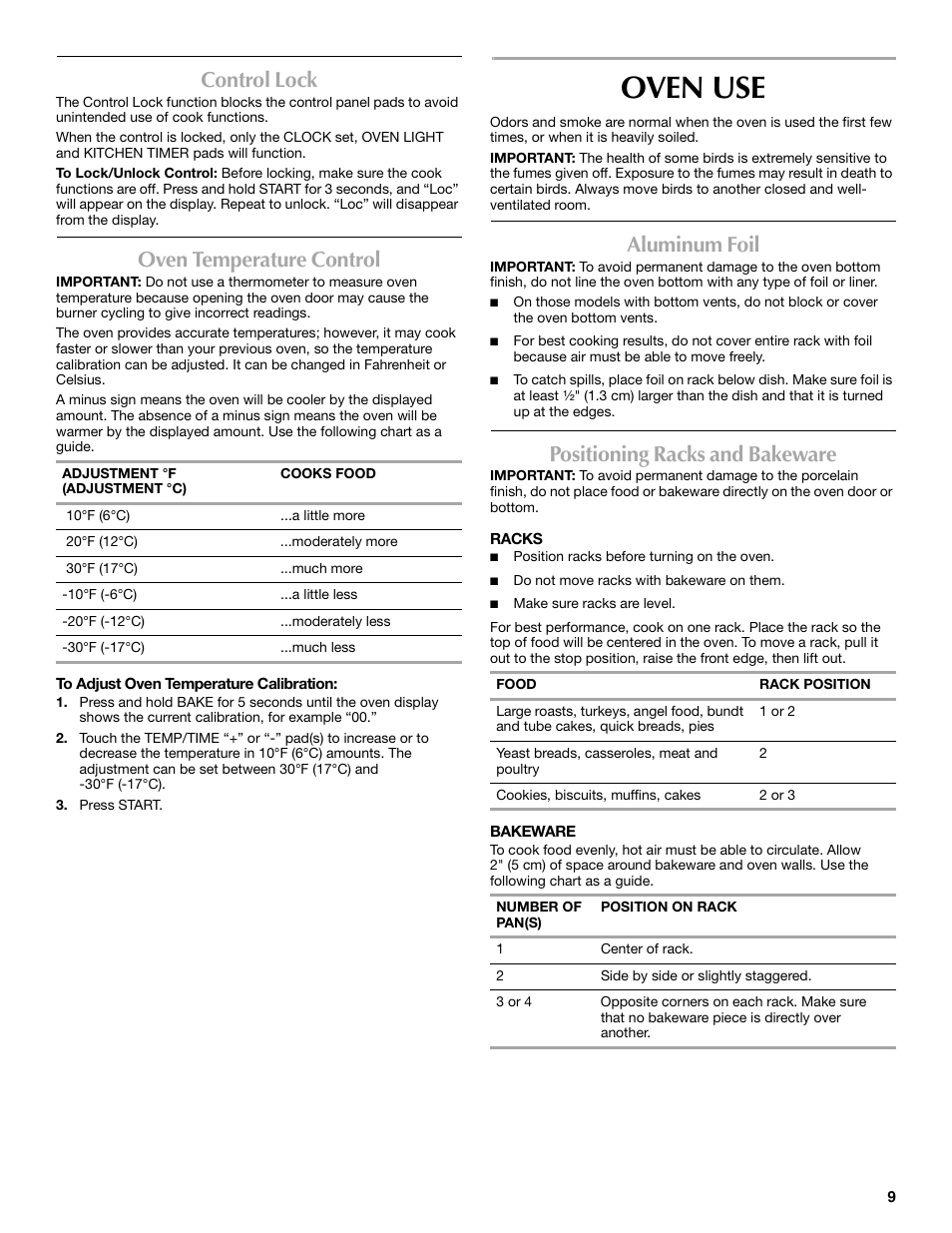 Oven use, Control lock, Oven temperature control | Aluminum foil, Positioning racks and bakeware | Maytag W10304917A User Manual | Page 9 / 32
